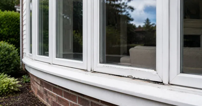 technician inspecting bow window frame and seal for damage in Kitchener