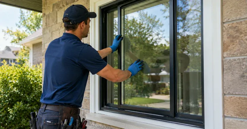 technician measuring a broken window pane for replacement in Grand River North, Kitchener