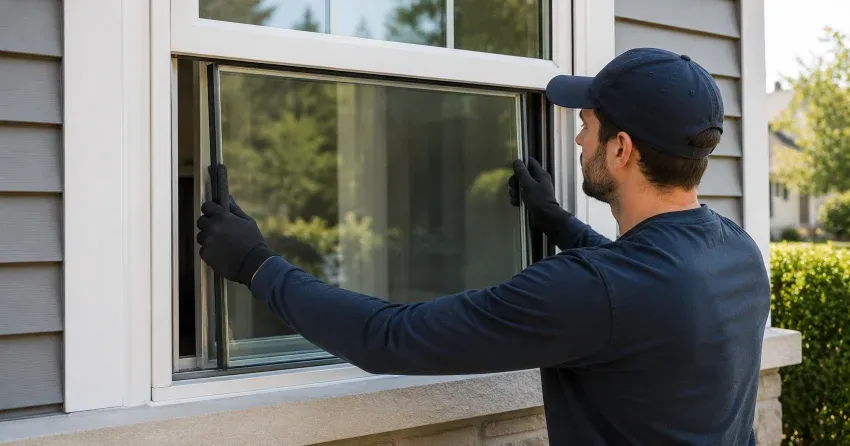technician boarding up broken window during emergency glass repair Kitchener