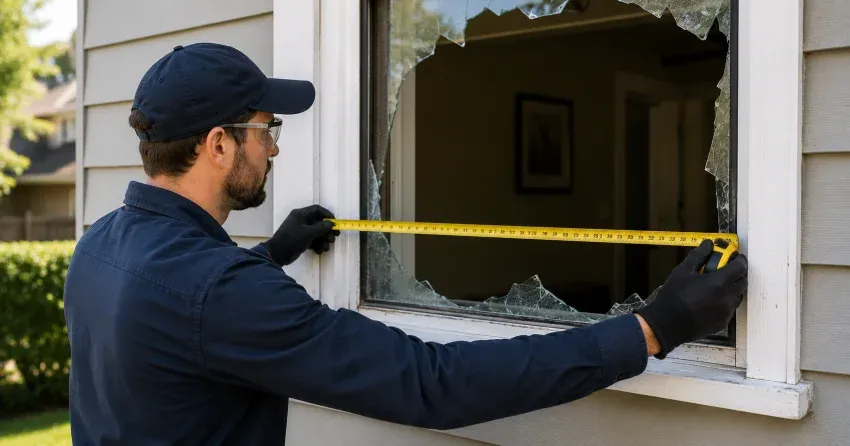 plywood board-up installed on a broken window Centreville Chicopee, Kitchener