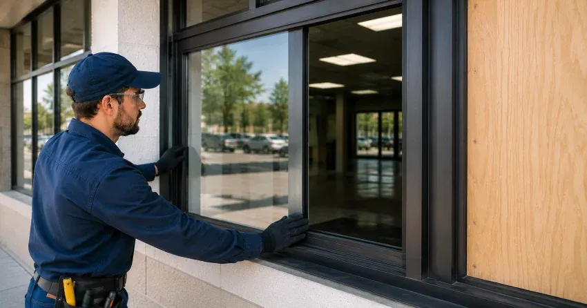 technician boarding a broken window after a break-in in Rosemount, Kitchener