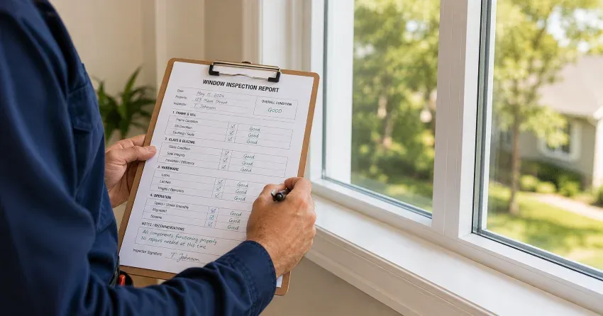 technician inspecting window seal and frame in Kitchener