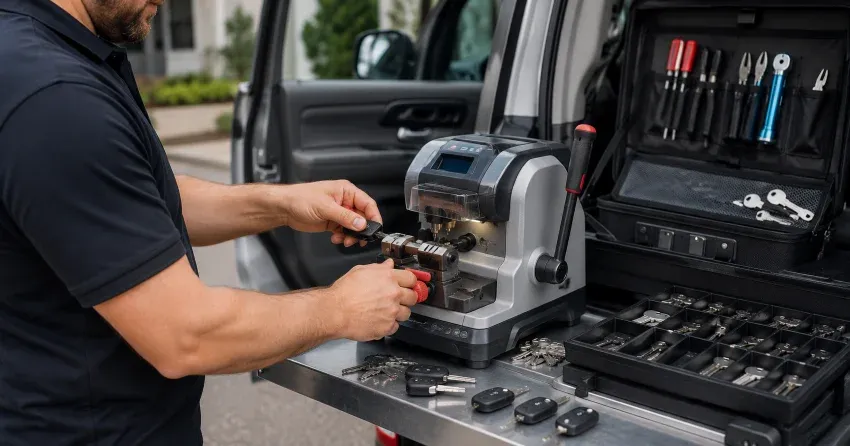 technician cutting a replacement car door lock key in Doon South, Kitchener