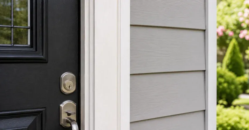 technician inspecting door jamb behind cracked casing in Eastwood, Kitchener home