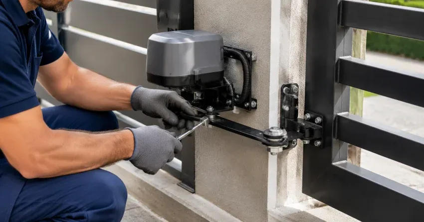 technician diagnosing automatic gate motor and control panel in KW Hospital, Kitchener