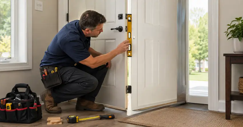 technician diagnosing a misaligned door frame in Civic Centre, Kitchener