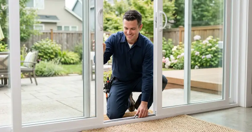 technician diagnosing a sticking patio door in Rosemount, Kitchener