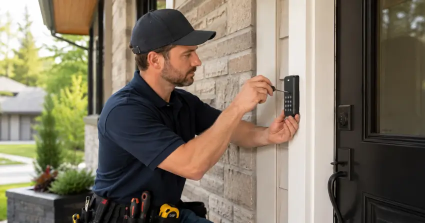 Technician installing an access control system keypad beside a residential front door in Victoria Park, Kitchener