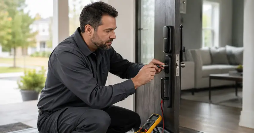 technician diagnosing automatic door lock mechanism on residential door in Southdale, Kitchener