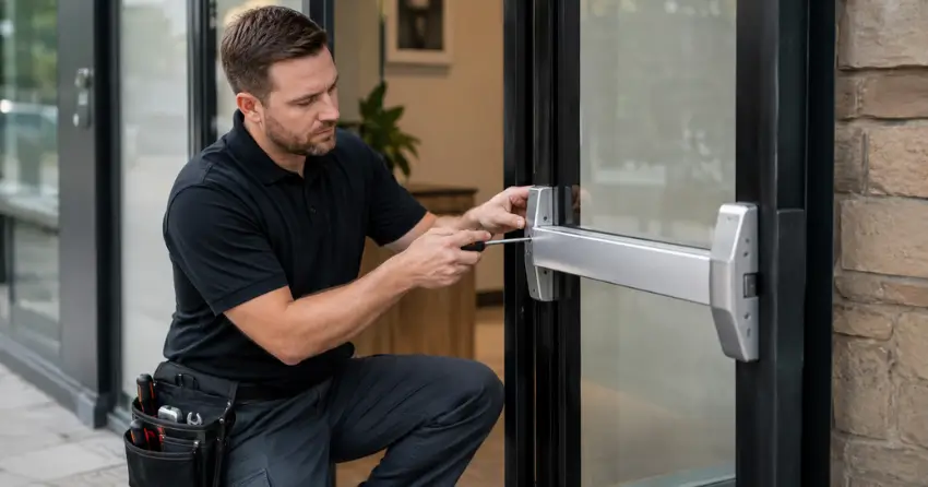 commercial locksmith repairing exit device on storefront door Kitchener