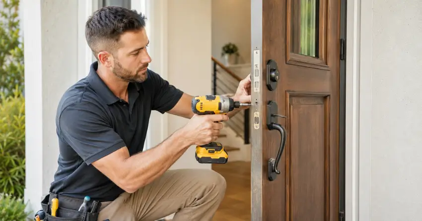 locksmith installing new deadbolt lock on front door in Kitchener