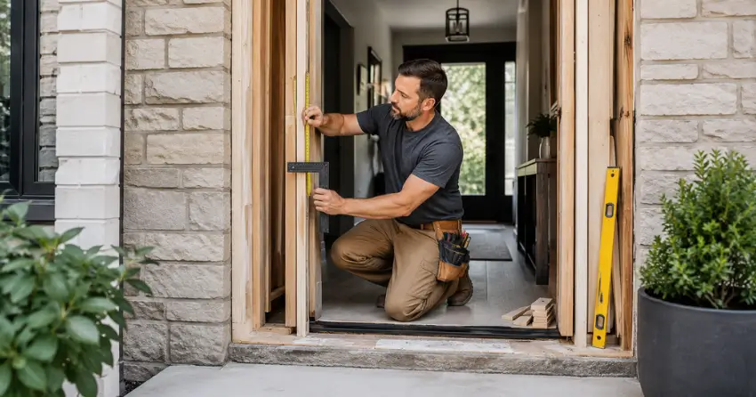 exterior door installer assessing rough opening in Downtown Kitchener, Kitchener
