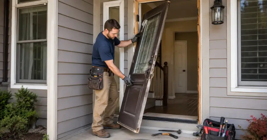 old exterior door being removed for replacement in Forest Hill, Kitchener