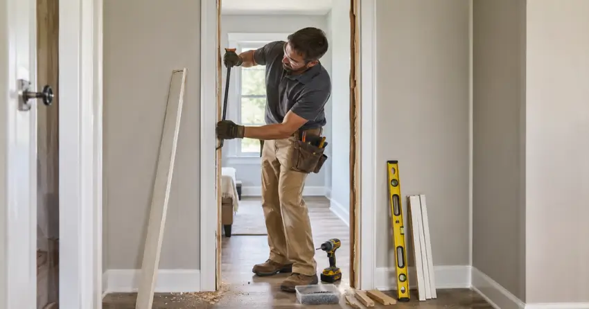 technician removing an old interior door frame during installation Country Hills, Kitchener