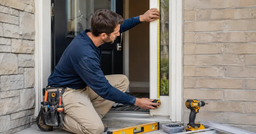 technician measuring door frame before storm door install in Market District, Kitchener