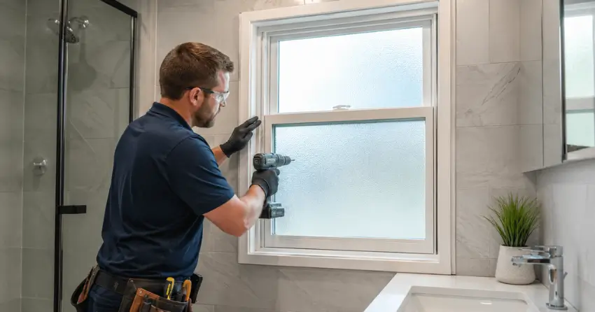 frosted glass installation bathroom window in Meinzinger Park, Kitchener