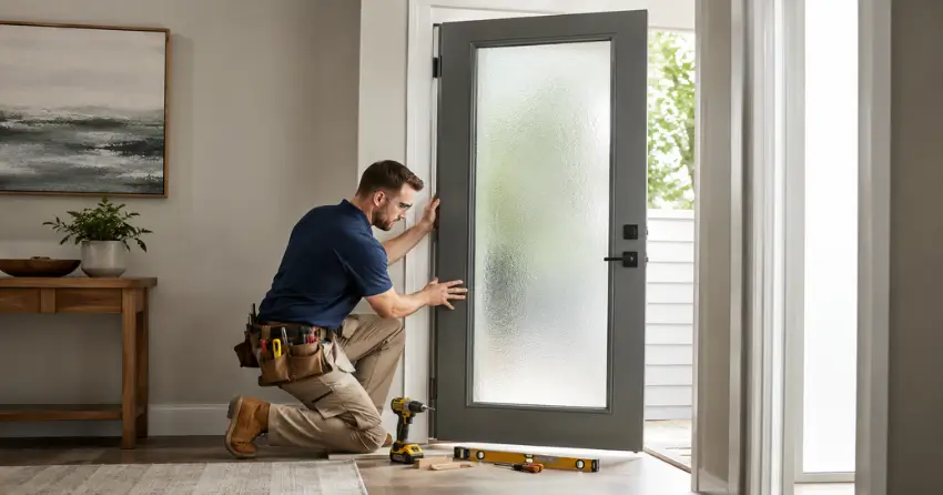 glass panel door installation with frosted privacy glass in residential setting in Cedar Hill, Kitchener