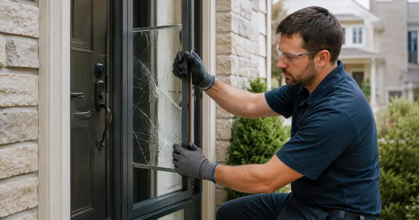 technician removing cracked storm door glass panel in Kitchener