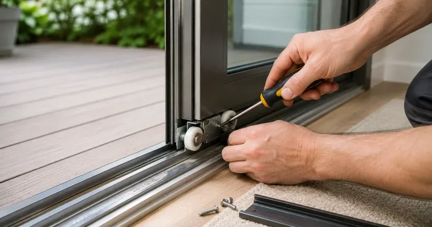 sliding door fix KW Hospital, Kitchener technician diagnosing track issue