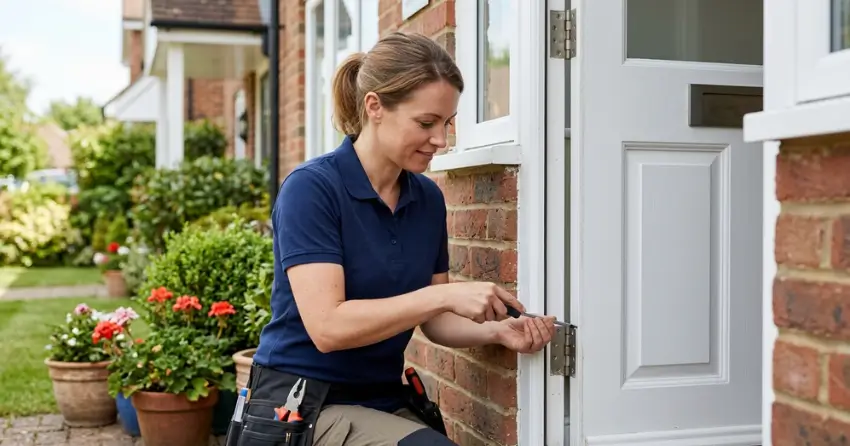 technician repairing exterior door hinge and frame in Kitchener