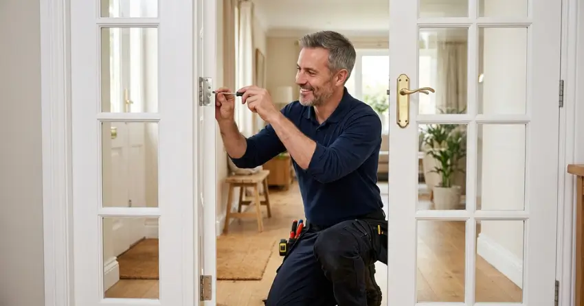 technician adjusting French door hinge for proper alignment in Civic Centre, Kitchener
