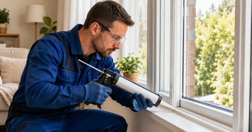 technician repairing window seal and frame in Central Frederick, Kitchener