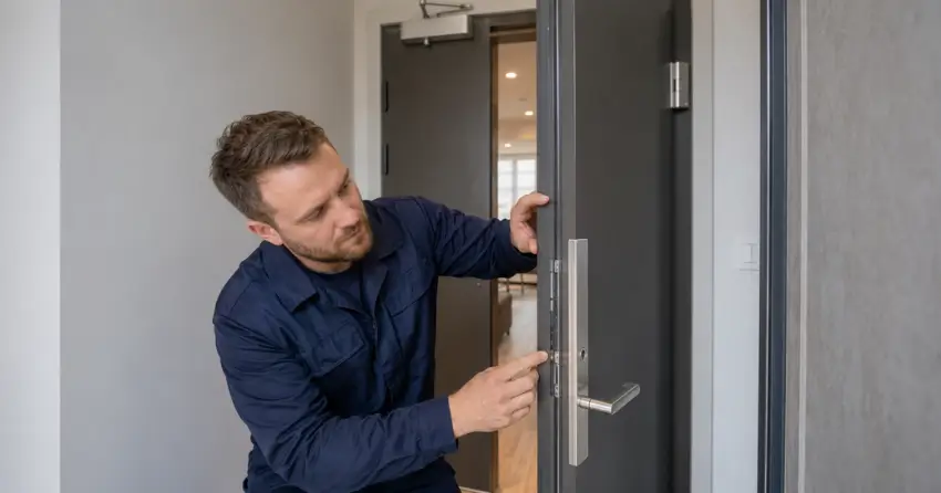 technician inspecting fire-rated door seal and hardware in Cedar Hill, Kitchener