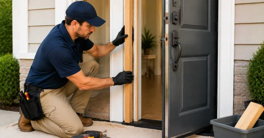 technician inspecting damaged door frame corner in Grand River North, Kitchener