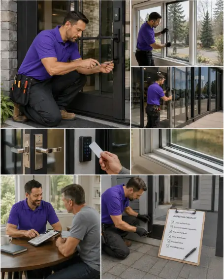 A technician fitting replacement hinges to a sagging entry door